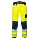 A pair of high-visibility yellow trousers featuring retroreflective tape panels, suitable for a wide range of outdoor and site work applications.