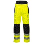 A pair of high-visibility yellow trousers featuring retroreflective tape panels, suitable for a wide range of outdoor and site work applications.