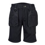 A black workwear garment designed for use on construction sites and in industrial work environments.,