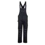 A black workwear garment designed for use on construction sites and in industrial work environments.,
