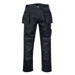 A pair of black work trousers designed for use on construction sites and in industrial work environments.,