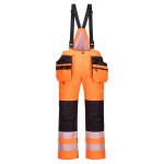 A pair of high-visibility orange trousers featuring retroreflective tape panels, suitable for a wide range of outdoor and site work applications.