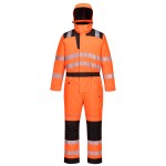 A high-visibility orange coverall featuring retroreflective tape panels, suitable for a wide range of outdoor and site work applications.