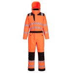 A high-visibility orange coverall featuring retroreflective tape panels, suitable for a wide range of outdoor and site work applications.
