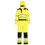 A high-visibility yellow coverall featuring retroreflective tape panels, suitable for a wide range of outdoor and site work applications.