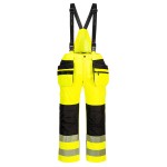 A pair of high-visibility yellow trousers featuring retroreflective tape panels, suitable for a wide range of outdoor and site work applications.