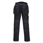 A pair of black work trousers featuring a warm thermal lining, suitable for a wide range of outdoor and site work applications.