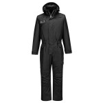 A black coverall designed for use on construction sites and in industrial work environments.,