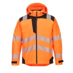 A high-visibility orange waterproof jacket featuring retroreflective tape panels, suitable for a wide range of outdoor and site work applications.