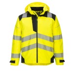 A high-visibility yellow waterproof jacket featuring retroreflective tape panels, suitable for a wide range of outdoor and site work applications.