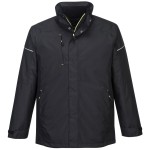 A black jacket designed for use on construction sites and in industrial work environments.,