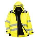 A high-visibility yellow jacket featuring retroreflective tape panels, suitable for a wide range of outdoor and site work applications.