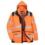 A high-visibility orange waterproof jacket featuring retroreflective tape panels, a breathable membrane, suitable for a wide range of outdoor and site work applications.