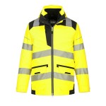 A high-visibility yellow waterproof jacket featuring retroreflective tape panels, a breathable membrane, suitable for a wide range of outdoor and site work applications.