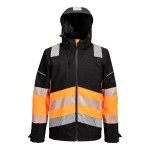 A high-visibility orange waterproof jacket featuring retroreflective tape panels, suitable for a wide range of outdoor and site work applications.