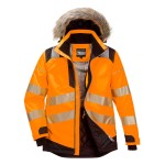 A high-visibility orange jacket featuring retroreflective tape panels, suitable for a wide range of outdoor and site work applications.