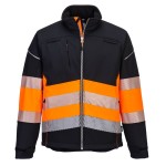 A high-visibility orange softshell jacket featuring retroreflective tape panels, suitable for a wide range of outdoor and site work applications.