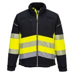A high-visibility yellow softshell jacket featuring retroreflective tape panels, suitable for a wide range of outdoor and site work applications.