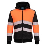 A high-visibility orange sweatshirt featuring retroreflective tape panels, a full-length zip front, suitable for a wide range of outdoor and site work applications.