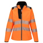 A women's high-visibility orange softshell jacket featuring retroreflective tape panels, suitable for a wide range of outdoor and site work applications.