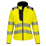 A women's high-visibility yellow softshell jacket featuring retroreflective tape panels, suitable for a wide range of outdoor and site work applications.