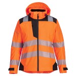A women's high-visibility orange waterproof jacket featuring retroreflective tape panels, suitable for a wide range of outdoor and site work applications.