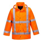 A high-visibility orange jacket featuring retroreflective tape panels, suitable for a wide range of outdoor and site work applications.