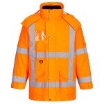 A high-visibility orange jacket featuring retroreflective tape panels, suitable for a wide range of outdoor and site work applications.