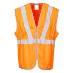A high-visibility orange vest featuring retroreflective tape panels, a full-length zip front, suitable for a wide range of outdoor and site work applications.