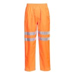 A pair of high-visibility orange trousers featuring retroreflective tape panels, suitable for a wide range of outdoor and site work applications.