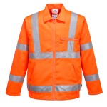 A high-visibility orange jacket featuring retroreflective tape panels, suitable for a wide range of outdoor and site work applications.