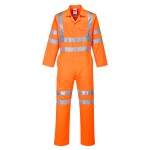 A high-visibility orange coverall featuring retroreflective tape panels, suitable for a wide range of outdoor and site work applications.