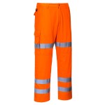 A pair of high-visibility orange trousers featuring retroreflective tape panels, suitable for a wide range of outdoor and site work applications.