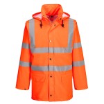 A high-visibility orange waterproof jacket featuring retroreflective tape panels, suitable for a wide range of outdoor and site work applications.