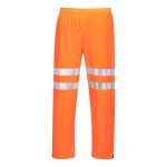 A pair of high-visibility orange trousers featuring retroreflective tape panels, suitable for a wide range of outdoor and site work applications.