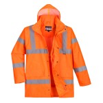 A high-visibility orange waterproof jacket featuring retroreflective tape panels, a breathable membrane, suitable for a wide range of outdoor and site work applications.