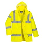 A high-visibility yellow waterproof jacket featuring retroreflective tape panels, a breathable membrane, suitable for a wide range of outdoor and site work applications.