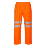 A pair of high-visibility orange trousers featuring retroreflective tape panels, a breathable membrane, suitable for a wide range of outdoor and site work applications.