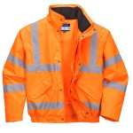 A high-visibility orange waterproof jacket featuring retroreflective tape panels, a breathable membrane, suitable for a wide range of outdoor and site work applications.