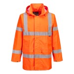 A high-visibility orange waterproof jacket featuring retroreflective tape panels, suitable for a wide range of outdoor and site work applications.