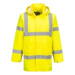 A high-visibility yellow waterproof jacket featuring retroreflective tape panels, suitable for a wide range of outdoor and site work applications.