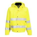 A high-visibility yellow waterproof jacket featuring retroreflective tape panels, suitable for a wide range of outdoor and site work applications.