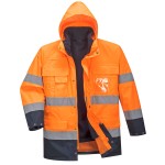 A high-visibility orange jacket featuring retroreflective tape panels, suitable for a wide range of outdoor and site work applications.