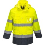 A high-visibility yellow jacket featuring retroreflective tape panels, suitable for a wide range of outdoor and site work applications.