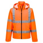 A high-visibility orange jacket featuring retroreflective tape panels, suitable for a wide range of outdoor and site work applications.