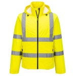 A high-visibility yellow jacket featuring retroreflective tape panels, suitable for a wide range of outdoor and site work applications.