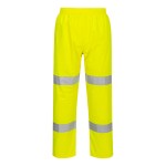 A pair of high-visibility yellow trousers featuring retroreflective tape panels, suitable for a wide range of outdoor and site work applications.