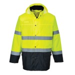 A high-visibility yellow waterproof jacket featuring retroreflective tape panels, suitable for a wide range of outdoor and site work applications.
