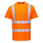 A high-visibility orange work shirt featuring retroreflective tape panels, suitable for a wide range of outdoor and site work applications.