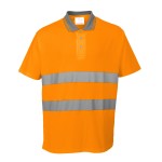 A high-visibility orange polo shirt featuring retroreflective tape panels, suitable for a wide range of outdoor and site work applications.